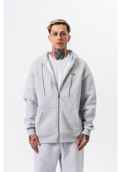 Erkek Respire Yazı Detaylı Kapüşonlu Basic Zip Oversize Hoodie Kar Melanj