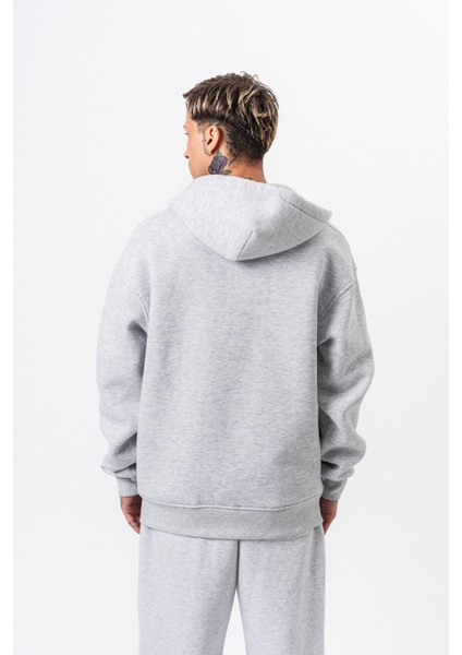 Erkek Respire Yazı Detaylı Kapüşonlu Basic Zip Oversize Hoodie Kar Melanj modelleri