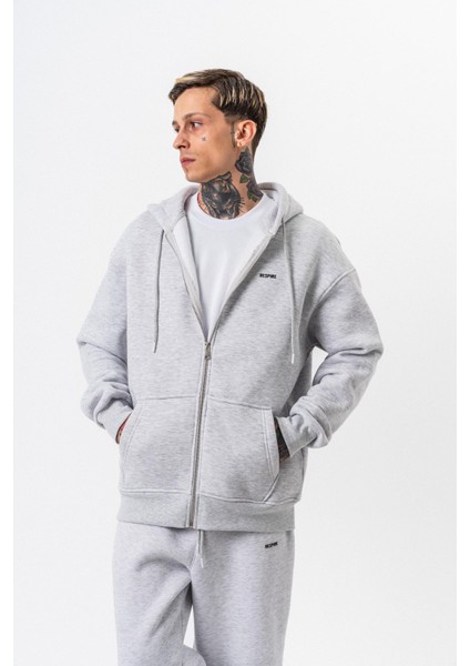 Erkek Respire Yazı Detaylı Kapüşonlu Basic Zip Oversize Hoodie Kar Melanj fırsatları