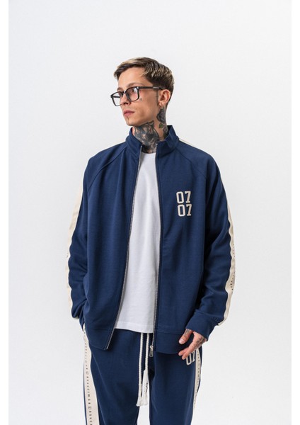 Erkek 7 Şerit Detaylı Dik Yaka Doubleface Zip Oversize Sweatshirt Lacivert