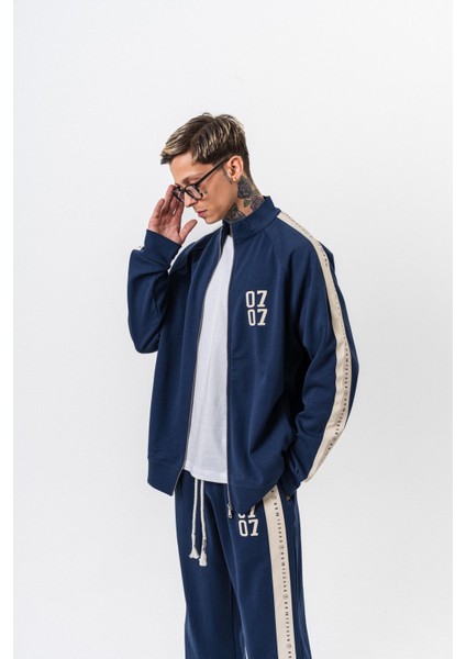Erkek 7 Şerit Detaylı Dik Yaka Doubleface Zip Oversize Sweatshirt Lacivert fiyatları