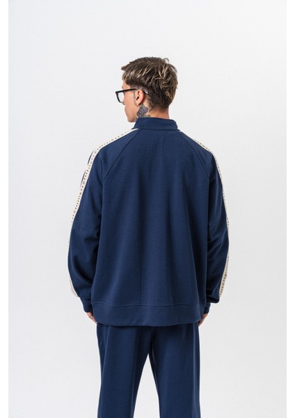 Erkek 7 Şerit Detaylı Dik Yaka Doubleface Zip Oversize Sweatshirt Lacivert modelleri