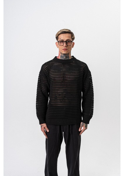 Erkek Örgü Detaylı Triko Siyah