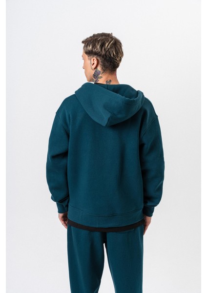 Erkek Respire Yazı Detaylı Kapüşonlu Basic Zip Oversize Hoodie Zümrüt modelleri