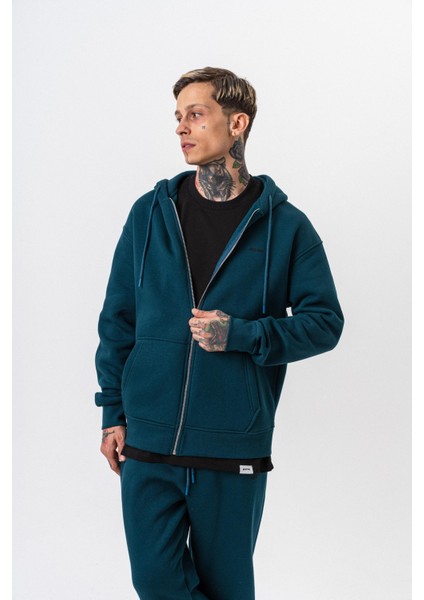 Erkek Respire Yazı Detaylı Kapüşonlu Basic Zip Oversize Hoodie Zümrüt fırsatları