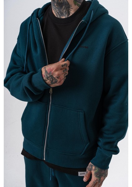 Erkek Respire Yazı Detaylı Kapüşonlu Basic Zip Oversize Hoodie Zümrüt indirimleri