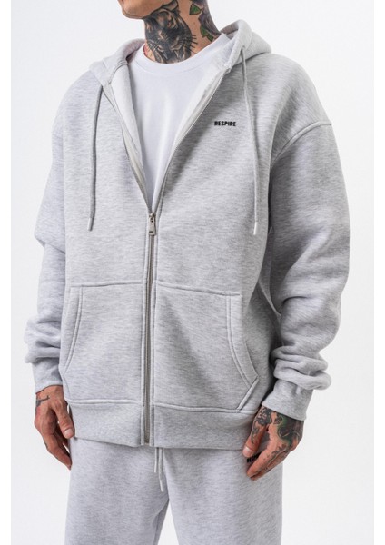 Erkek Respire Yazı Detaylı Kapüşonlu Basic Zip Oversize Hoodie Kar Melanj indirimleri