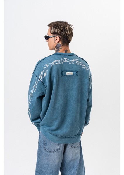 Erkek Origin Baskılı Yıkamalı Bisiklet Yaka Oversize Sweatshirt Petrol