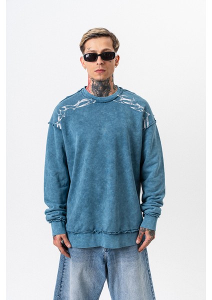 Erkek Origin Baskılı Yıkamalı Bisiklet Yaka Oversize Sweatshirt Petrol fiyatları