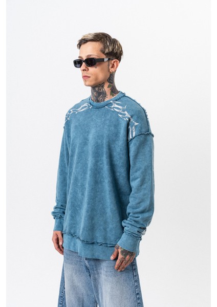 Erkek Origin Baskılı Yıkamalı Bisiklet Yaka Oversize Sweatshirt Petrol modelleri