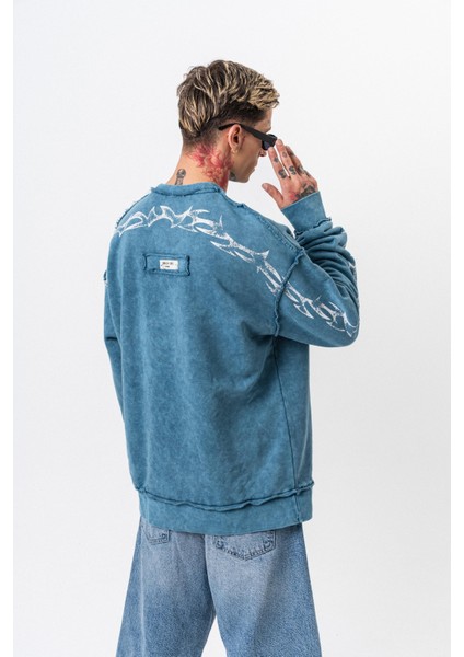 Erkek Origin Baskılı Yıkamalı Bisiklet Yaka Oversize Sweatshirt Petrol fırsatları