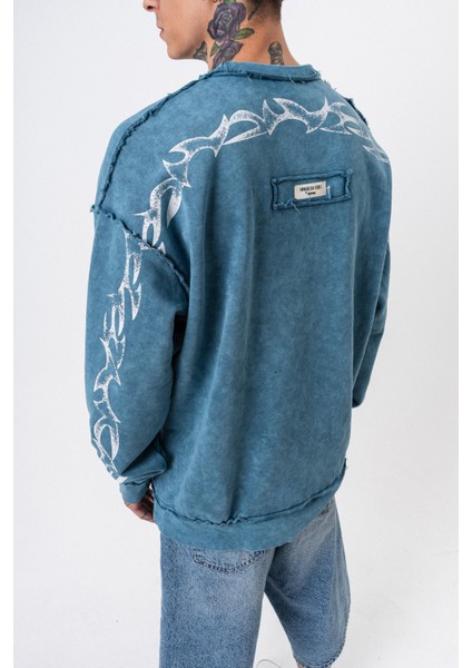 Erkek Origin Baskılı Yıkamalı Bisiklet Yaka Oversize Sweatshirt Petrol indirimleri