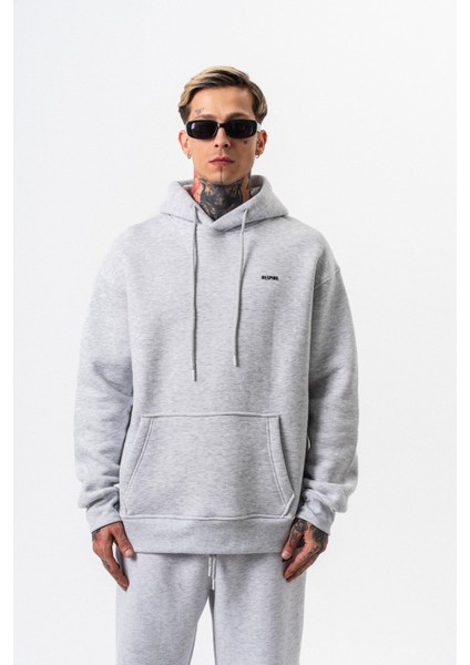 Erkek Respire Yazı Detaylı Kapüşonlu Basic Oversize Hoodie Kar Melanj