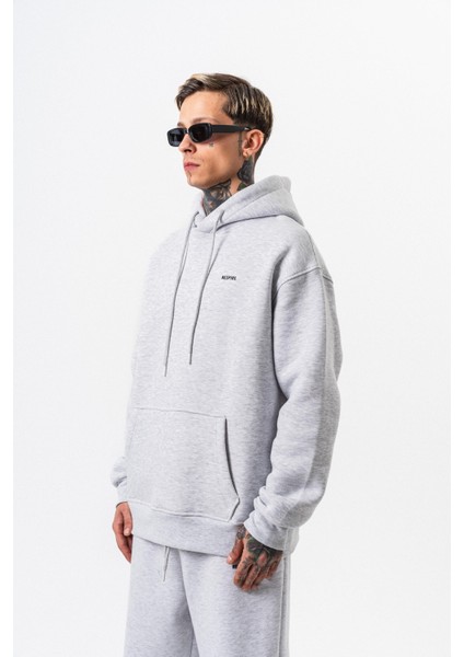 Erkek Respire Yazı Detaylı Kapüşonlu Basic Oversize Hoodie Kar Melanj fiyatları