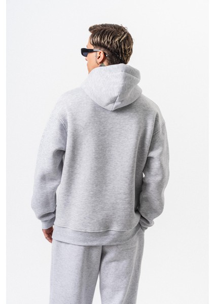 Erkek Respire Yazı Detaylı Kapüşonlu Basic Oversize Hoodie Kar Melanj modelleri