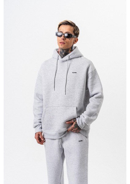 Erkek Respire Yazı Detaylı Kapüşonlu Basic Oversize Hoodie Kar Melanj fırsatları