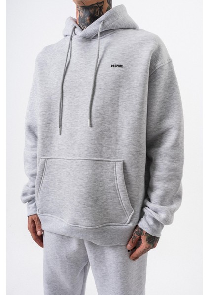 Erkek Respire Yazı Detaylı Kapüşonlu Basic Oversize Hoodie Kar Melanj indirimleri