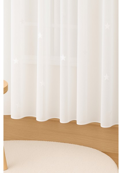 Beyaz Yıldızlı Tül Perde, Unısex Çocuk Odası, Sık Pile, Düz, Sade, Tül Perde, Kornişli, Beyaz indirimleri