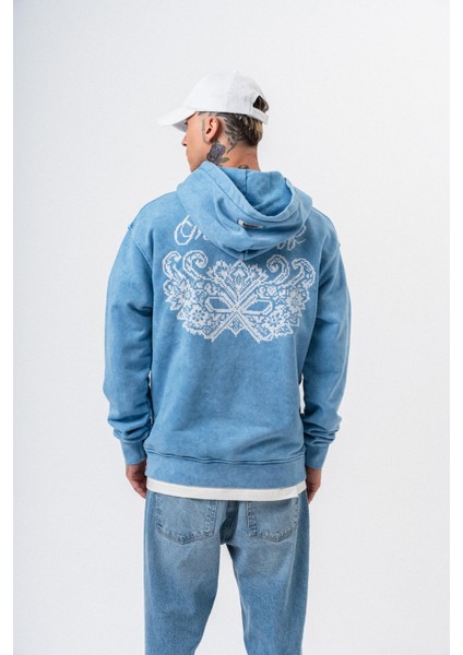 Erkek Mask Off Baskılı Yıkamalı Kapüşonlu Oversize Hoodie Mavi