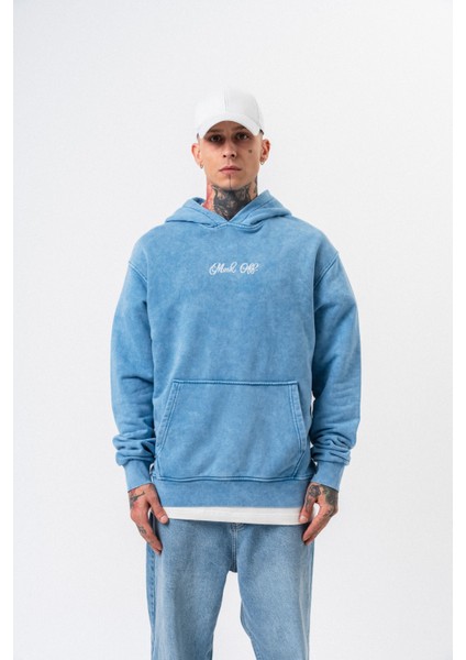 Erkek Mask Off Baskılı Yıkamalı Kapüşonlu Oversize Hoodie Mavi fiyatları