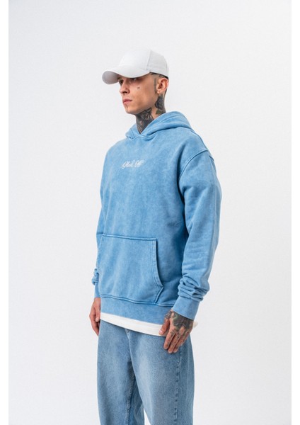 Erkek Mask Off Baskılı Yıkamalı Kapüşonlu Oversize Hoodie Mavi modelleri