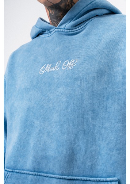 Erkek Mask Off Baskılı Yıkamalı Kapüşonlu Oversize Hoodie Mavi fırsatları