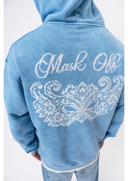 Erkek Mask Off Baskılı Yıkamalı Kapüşonlu Oversize Hoodie Mavi indirimleri