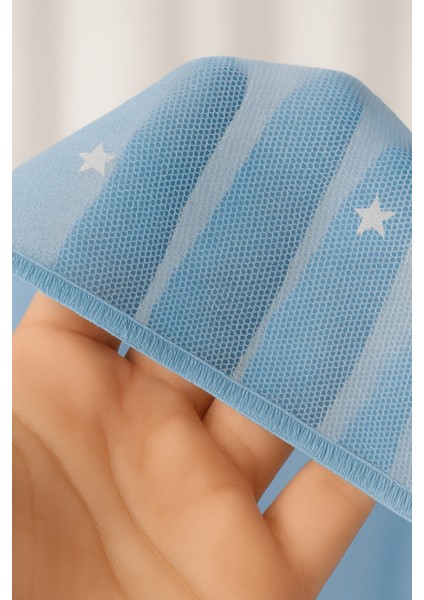 Mavi Yıldızlı Tül Perde, Erkek Çocuk Odası, Sık Pile, Düz, Sade, Tül Perde, Kornişli, Mavi