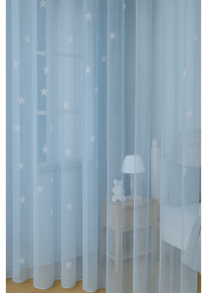 Mavi Yıldızlı Tül Perde, Erkek Çocuk Odası, Sık Pile, Düz, Sade, Tül Perde, Kornişli, Mavi fırsatları
