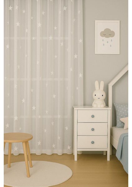 Beyaz Yıldızlı Tül Perde, Unısex Çocuk Odası, Sık Pile, Düz, Sade, Tül Perde, Kornişli, Beyaz