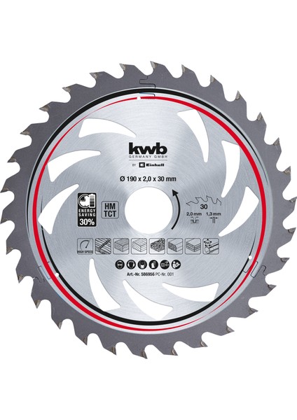 Orijinal Einhell Daire Testere Bıçağı 190X30 (Testere Aksesuarı, Ø 190 Mm, 30 mm Tutucu, 20 Diş, Kesme Genişliği 2.0 Mm, Karbür Uçlu, Daire Testereler Için)