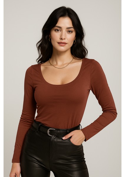 Kadın Bordo U Yaka Uzun Kollu Bluz