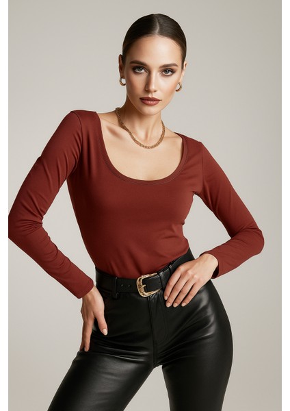 Kadın Bordo U Yaka Uzun Kollu Bluz fiyatları