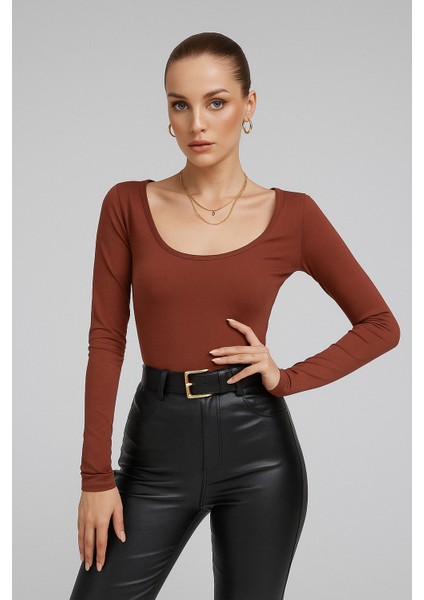 Kadın Bordo U Yaka Uzun Kollu Bluz fırsatları