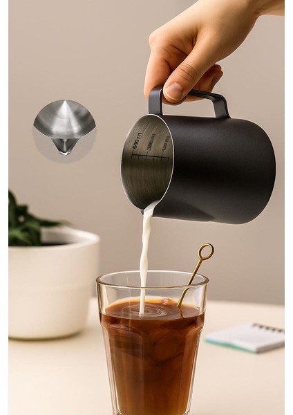 304 Çelik 600 ml Siyah Teflon Kaplama Kahve Süt Köpürtme Potu Sütlük Pitcher fiyatları