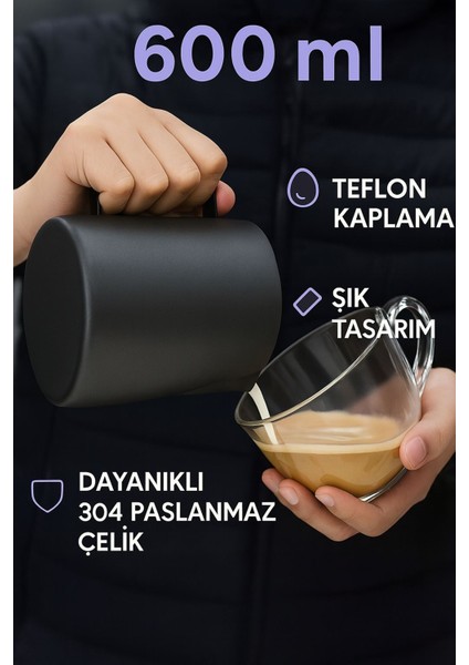 304 Çelik 600 ml Siyah Teflon Kaplama Kahve Süt Köpürtme Potu Sütlük Pitcher fırsatları