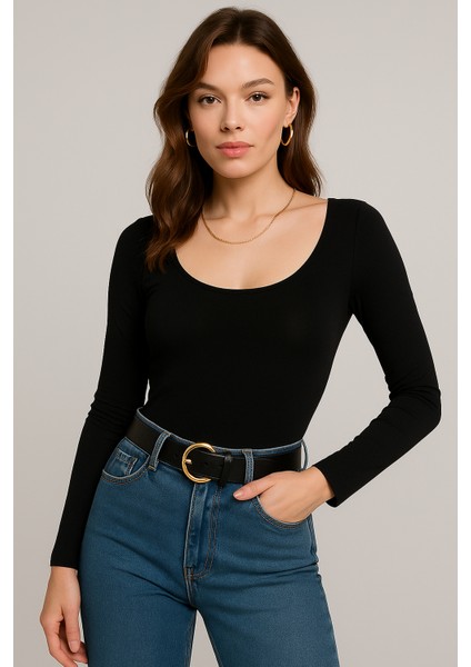 Kadın Siyah U Yaka Uzun Kollu Bluz