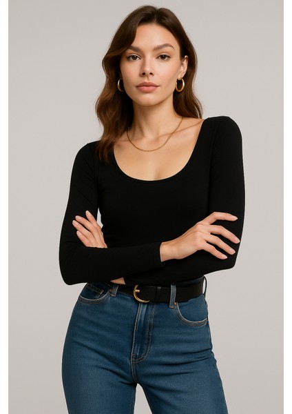 Kadın Siyah U Yaka Uzun Kollu Bluz fiyatları