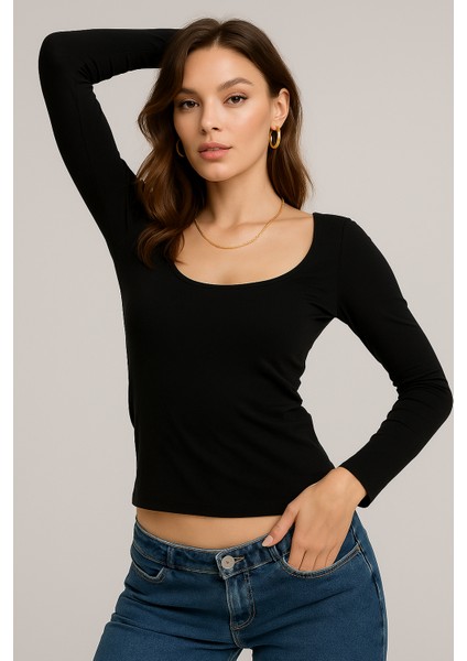 Kadın Siyah U Yaka Uzun Kollu Bluz modelleri