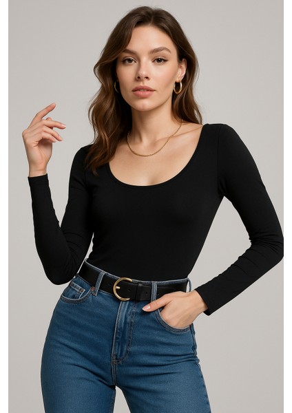 Kadın Siyah U Yaka Uzun Kollu Bluz fırsatları