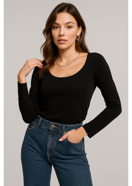 Kadın Siyah U Yaka Uzun Kollu Bluz indirimleri