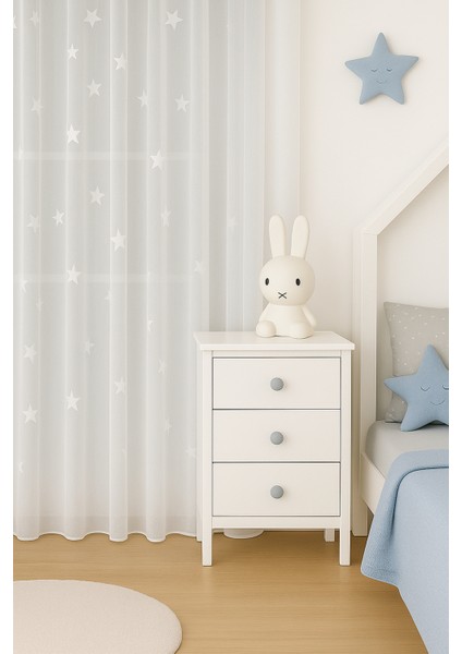Beyaz Yıldızlı Tül Perde, Unısex Çocuk Odası, Sık Pile, Düz, Sade, Tül Perde, Kornişli, Beyaz modelleri