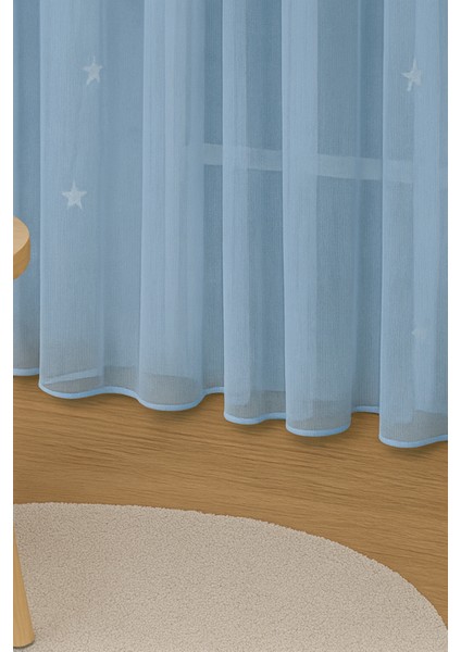 Mavi Yıldızlı Tül Perde, Erkek Çocuk Odası, Sık Pile, Düz, Sade, Tül Perde, Kornişli, Mavi indirimleri