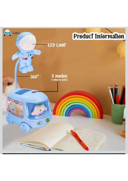 Figürlü Mavi Renk Masa Lambası ve Kalemlik Çok Renkli Işıklı( Sticker Hediyeli )