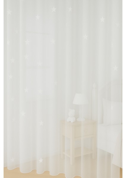 Beyaz Yıldızlı Tül Perde, Unısex Çocuk Odası, Sık Pile, Düz, Sade, Tül Perde, Kornişli, Beyaz fırsatları