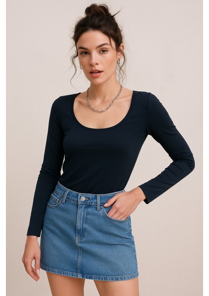Kadın Lacivert U Yaka Uzun Kollu Bluz modelleri