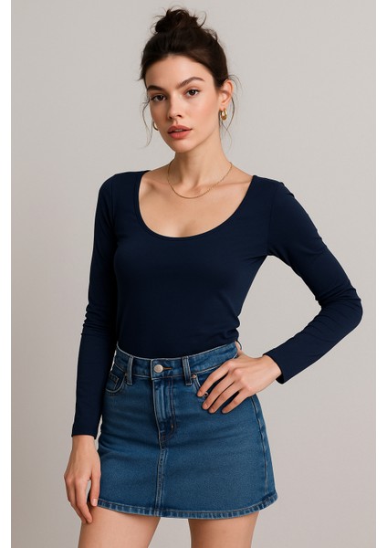 Kadın Lacivert U Yaka Uzun Kollu Bluz indirimleri