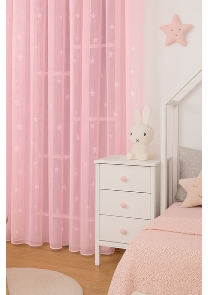 Pembe Yıldızlı Tül Perde, Kız Çocuk Odası, Sık Pile, Düz, Sade, Tül Perde, Kornişli, Pembe modelleri
