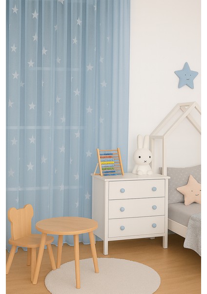 Mavi Yıldızlı Tül Perde, Erkek Çocuk Odası, Sık Pile, Düz, Sade, Tül Perde, Kornişli, Mavi fiyatları