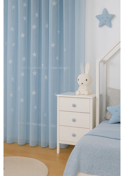 Mavi Yıldızlı Tül Perde, Erkek Çocuk Odası, Sık Pile, Düz, Sade, Tül Perde, Kornişli, Mavi modelleri